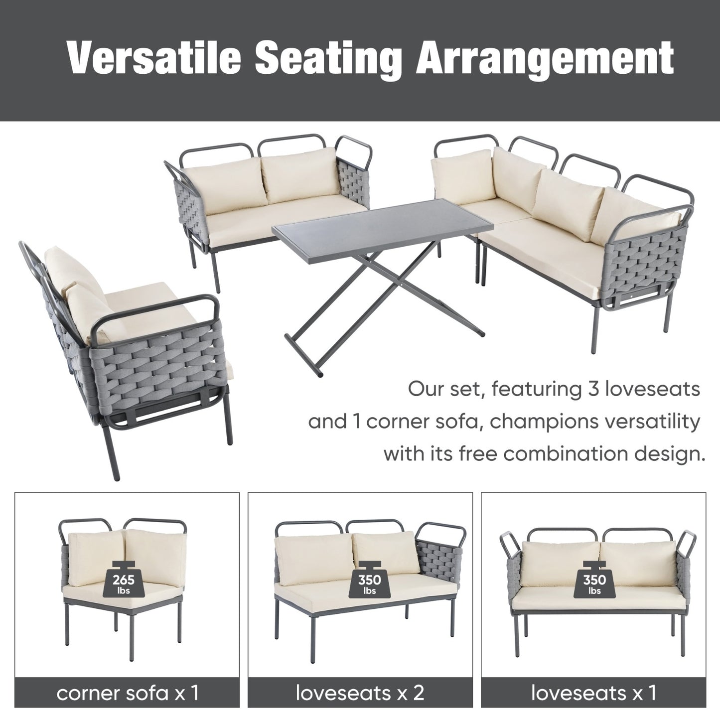 TOPMAX 5-Piece Modern Patio Sectional Sofa Set Outdoor Woven Rope Furniture Set With Glass Table And