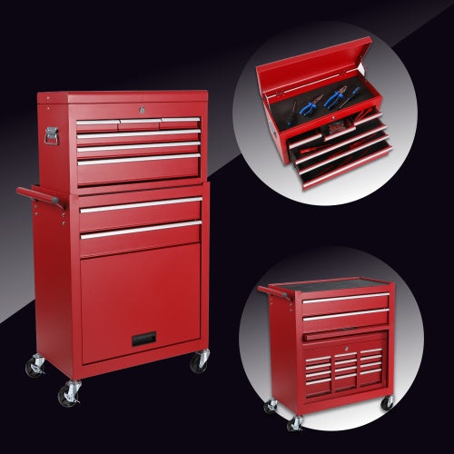 Tool Chest, 8-Drawer Rolling Tool Storage Cabinet With 2 In 1 Detachable Top Tool Box, Liner, Lockable Wheels, Side Hooks,Metal Tool Cart For Garage