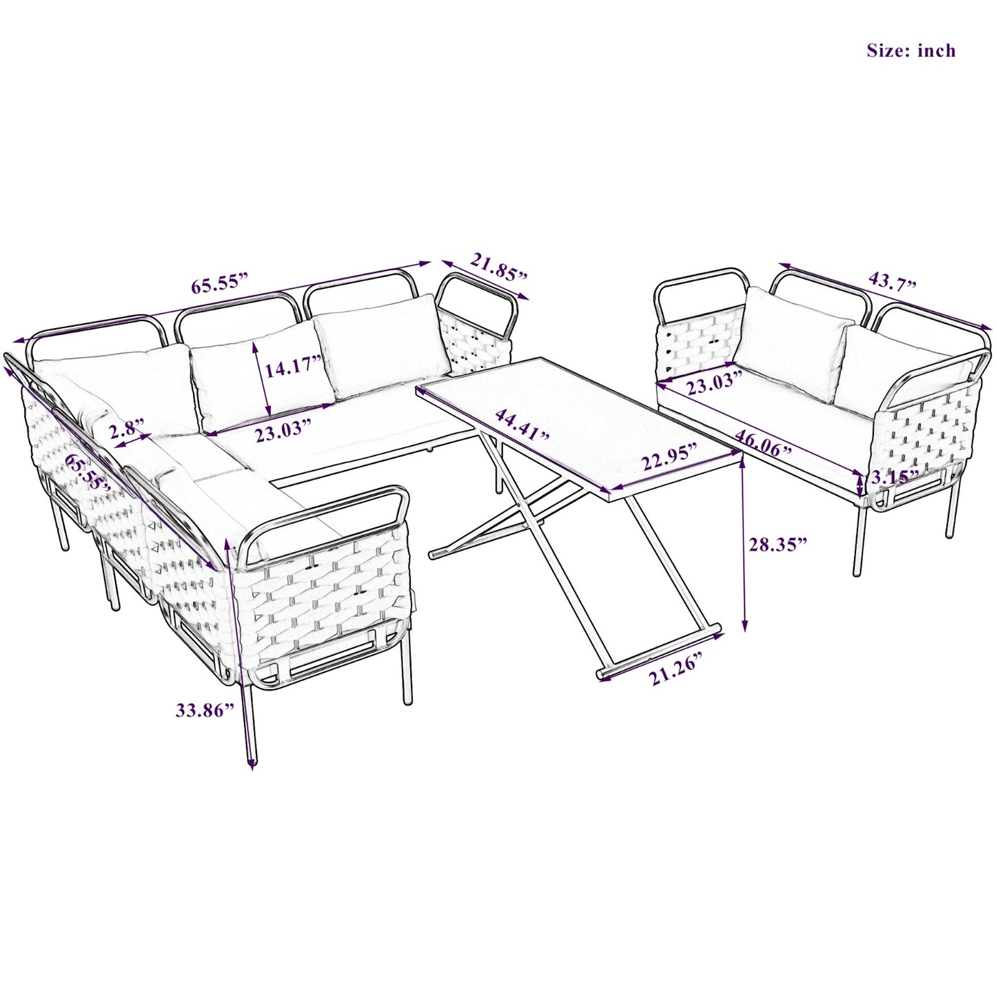 TOPMAX 5-Piece Modern Patio Sectional Sofa Set Outdoor Woven Rope Furniture Set With Glass Table And