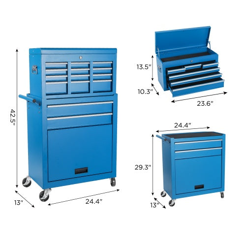 Tool Chest, 8-Drawer Rolling Tool Storage Cabinet With 2 In 1 Detachable Top Tool Box, Liner, Lockable Wheels, Side Hooks,Metal Tool Cart For Garage